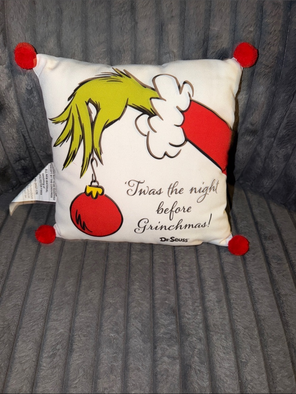 Dr. Seuss Grinch Holiday Accent Pillow - White, Red & Green 10” x 10”